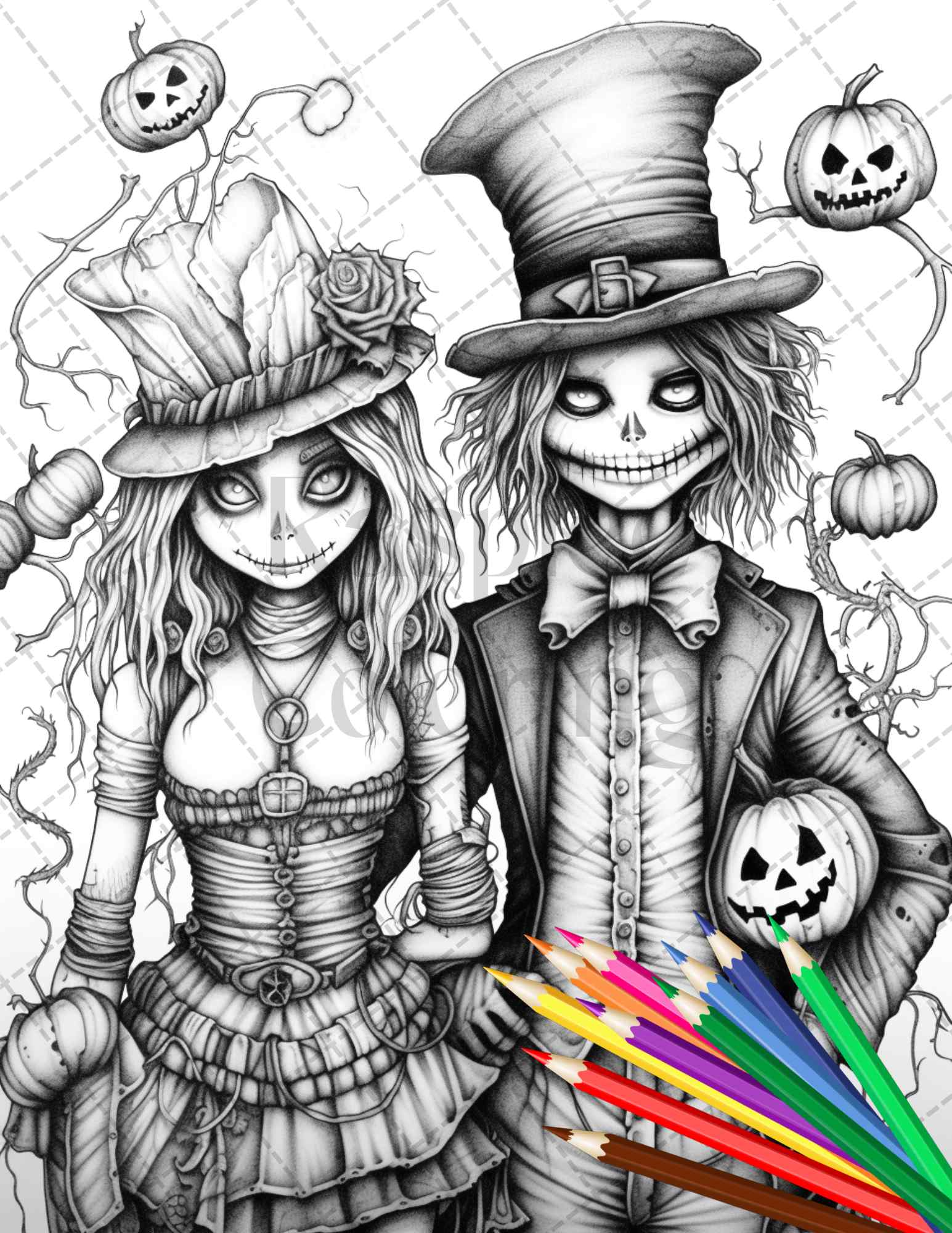 Scary scarecrows grayscale coloring pages printable for adults hal â coloring