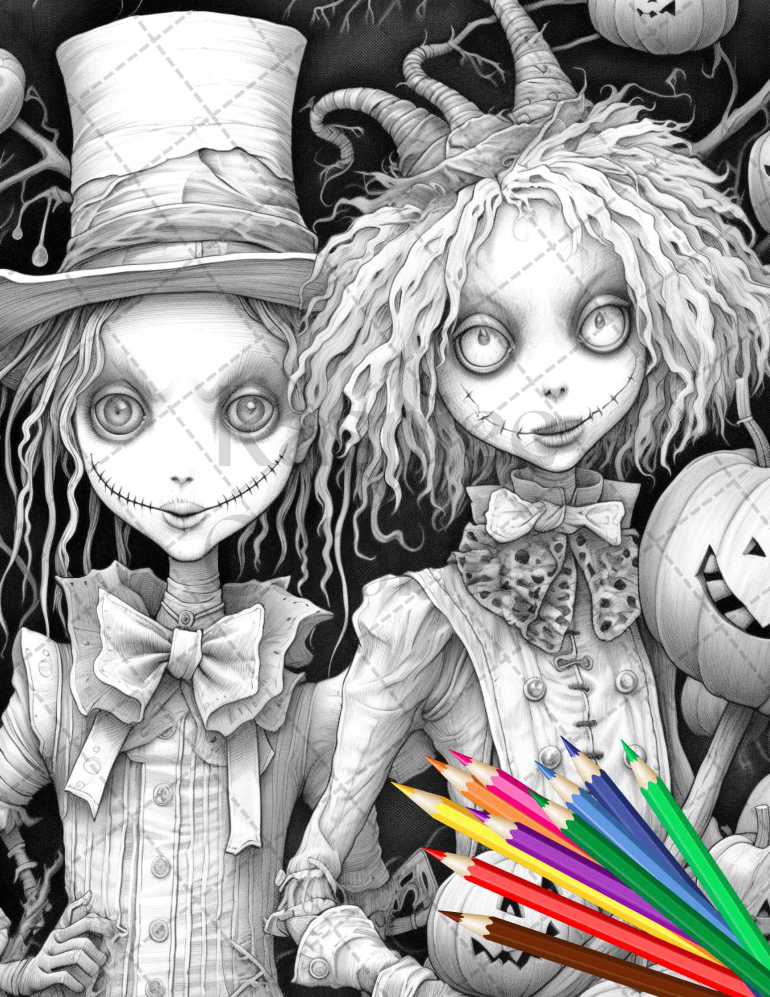 Scary scarecrows grayscale coloring pages printable for adults hal â coloring
