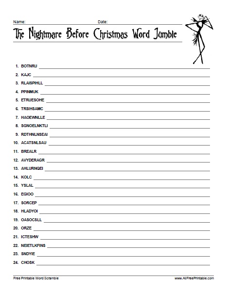 The nightmare before christmas word jumble â free printable