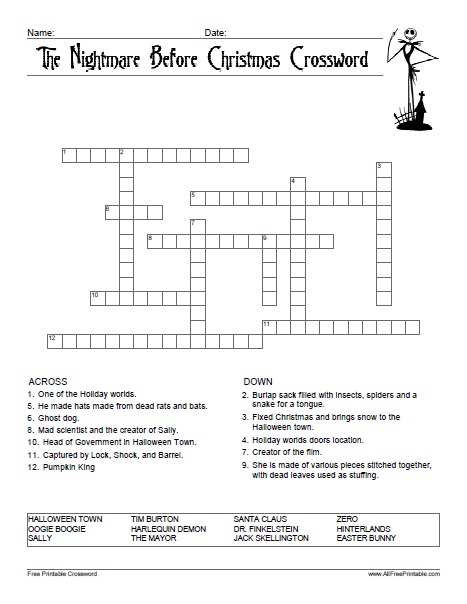 The nightmare before christmas crossword â free printable