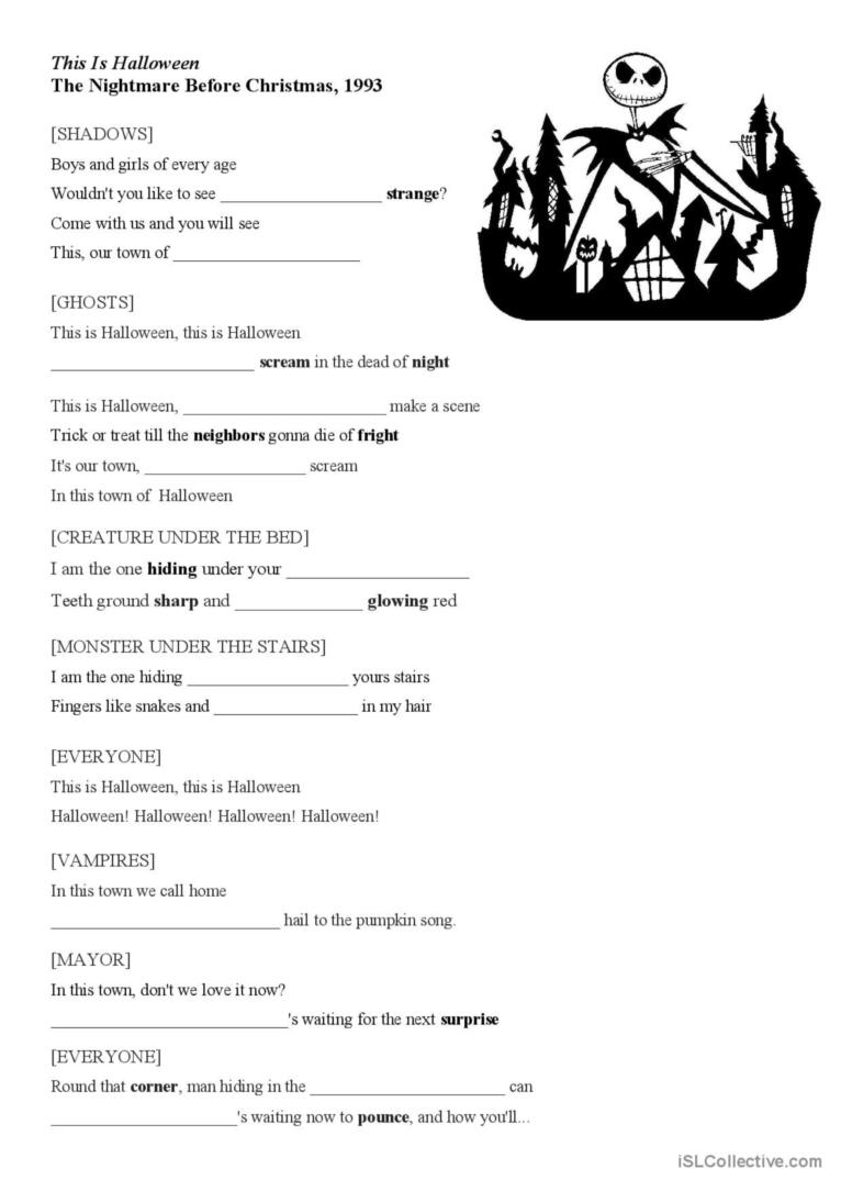 Nightmare before christmas halloweâ glish esl worksheets pdf doc