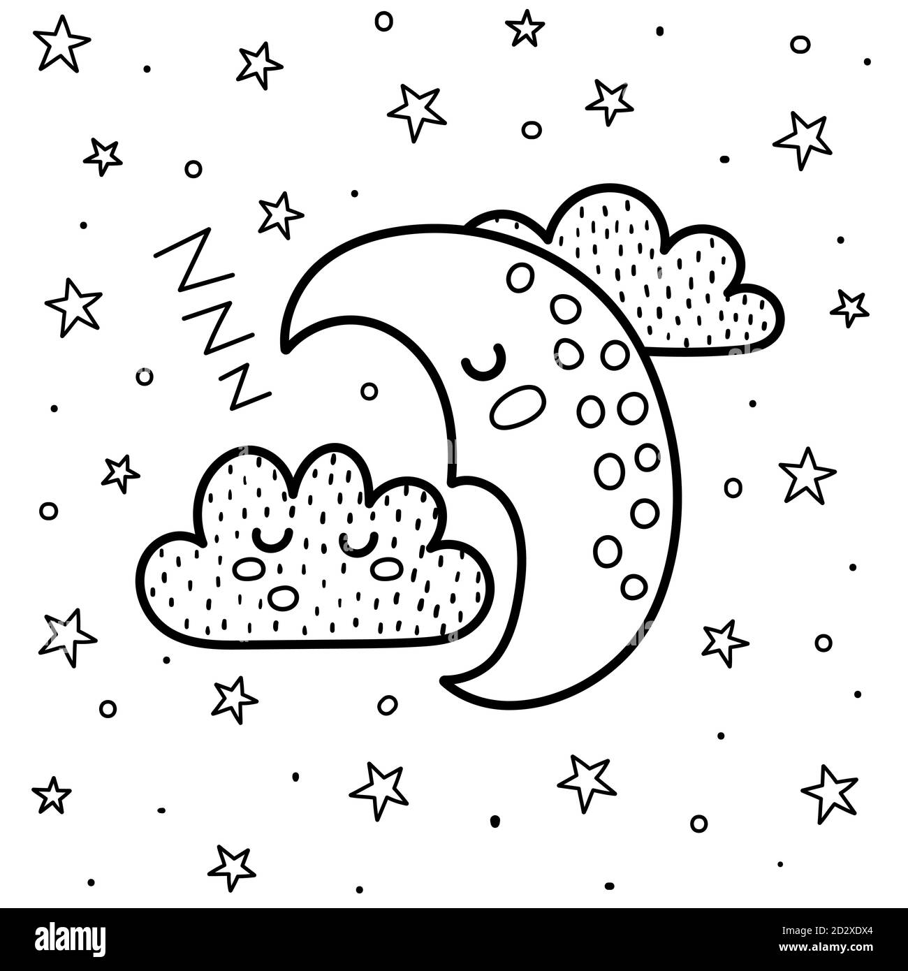 Good night coloring page with a cute sleeping moon and cloud black and white fantasy background stock vector image art