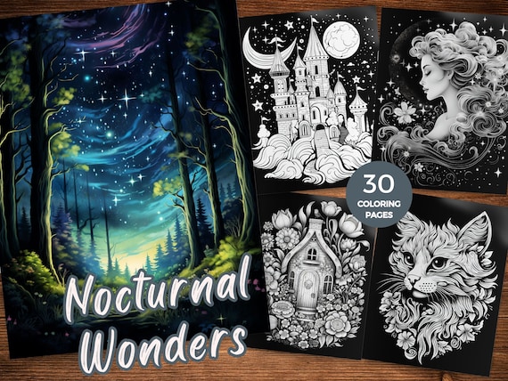 Black background coloring book instant download nocturnal wonders black background coloring pages printable enchanting nighttime coloring