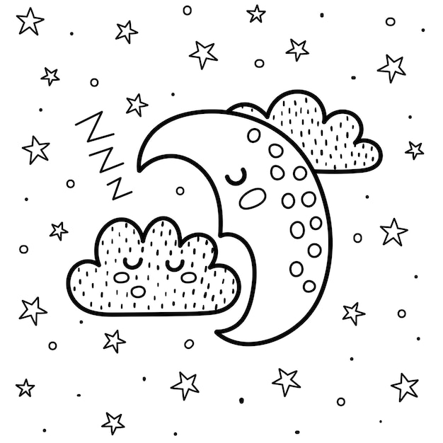 Premium vector good night coloring page with a cute sleeping moon and cloud black and white fantasy background sweet dreams print for coloring book for kids illustration