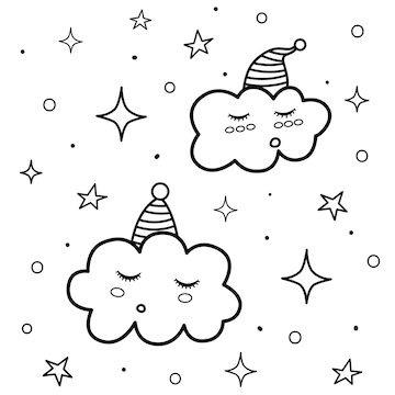 Premium vector cute sleeping clouds coloring page black and white print with funny characters good night background