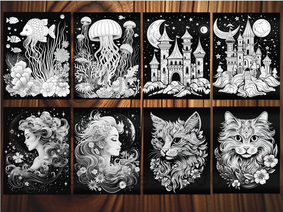 Black background coloring book instant download nocturnal wonders black background coloring pages printable enchanting nighttime coloring
