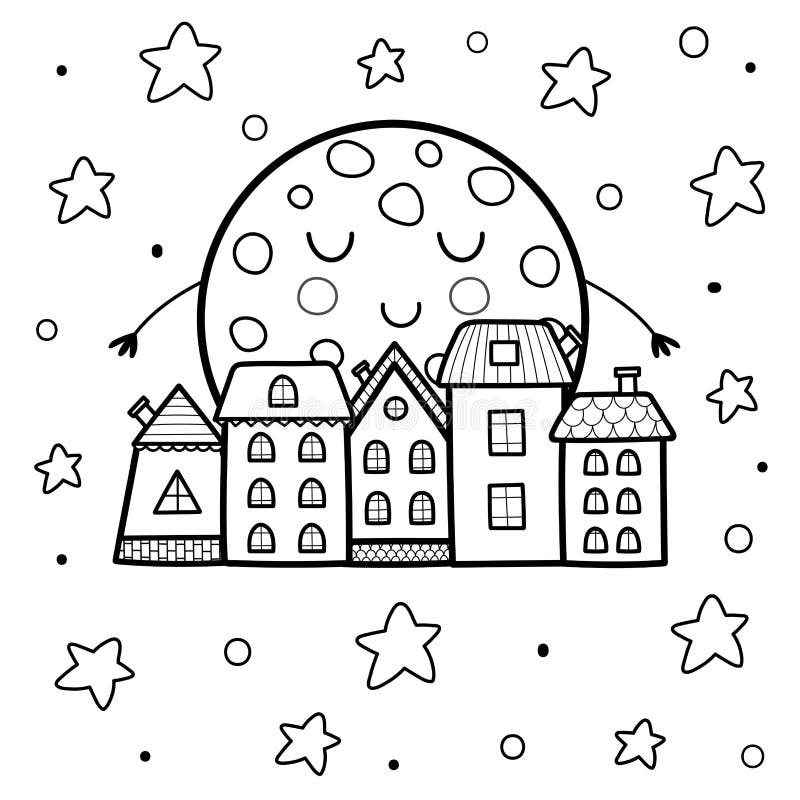 Cute sleeping moon and night town landscape coloring page good night background stock vector