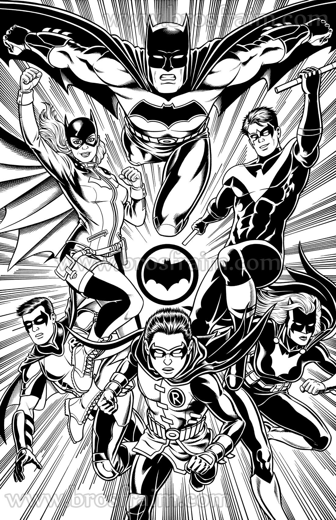 Batman family with batgirl nightwing robin red robin and batwoman in brendon and brian fraims x and x art pin