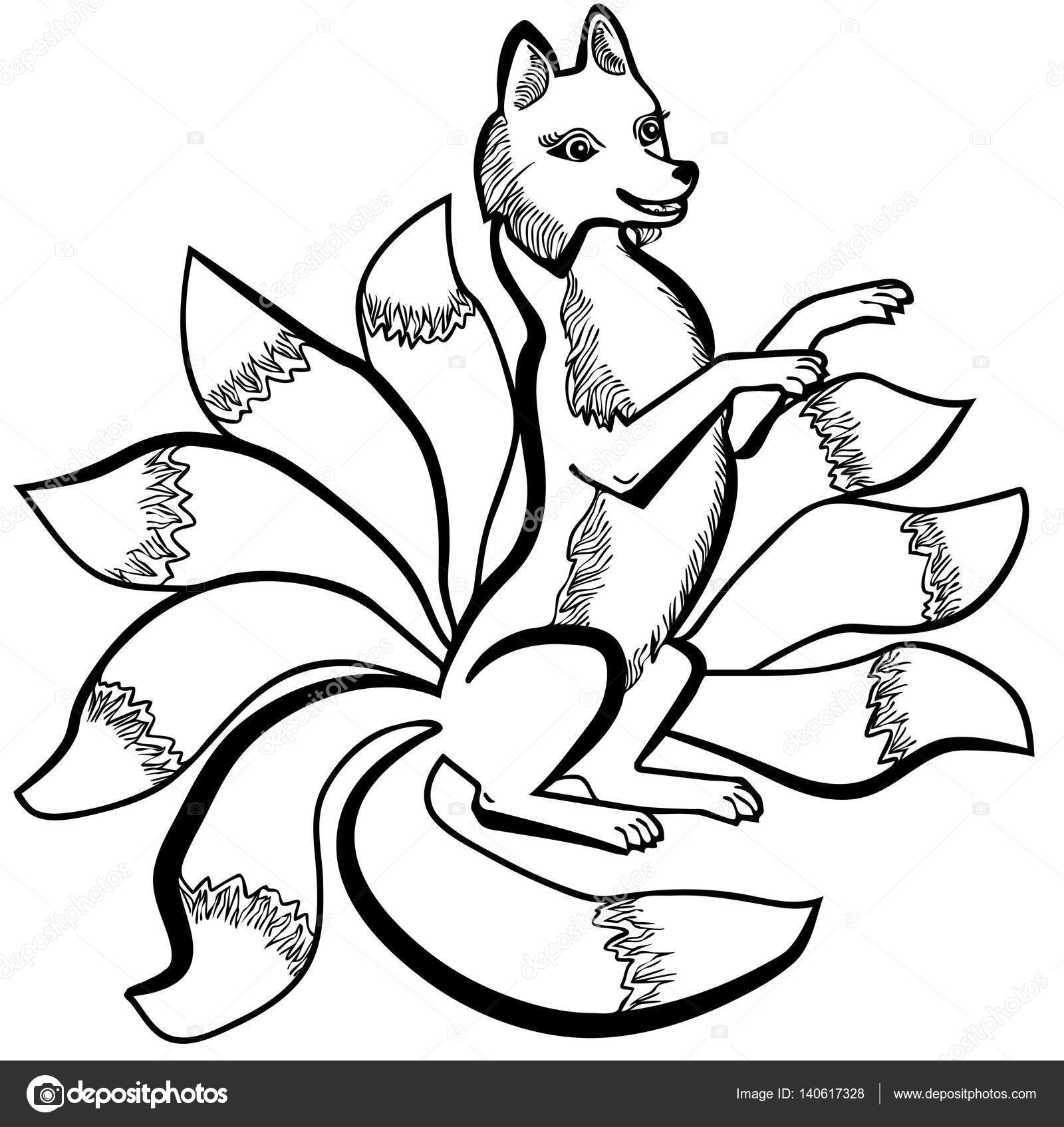 Vector illustration of kitsune nine tailed fox black and white stock vector by santagora