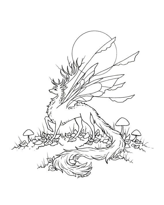 Fantasy art downloadable coloring page stag creature fairy fantastical animal drawing woodland wild magical line art instant download