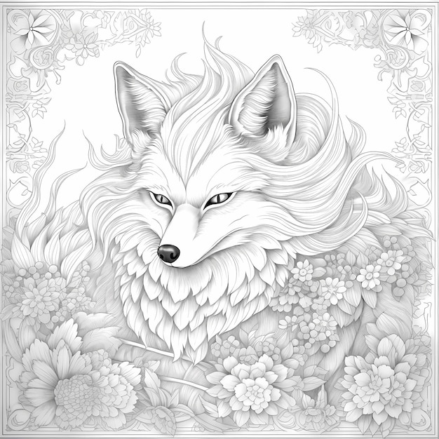 Premium ai image black and white line art gumiho ninetailed fox coloring book