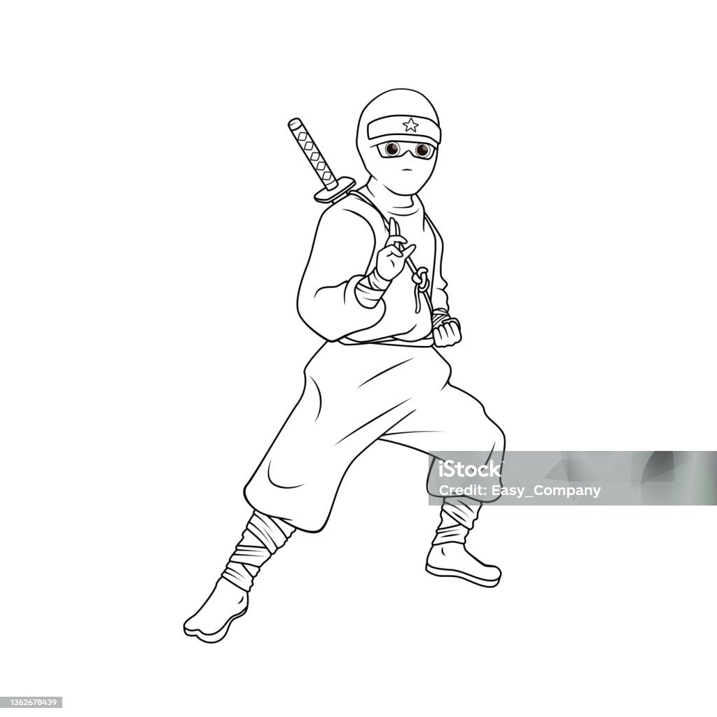 Black and white vector illustration of childrens activity coloring book pages with pictures of character ninja stock illustration