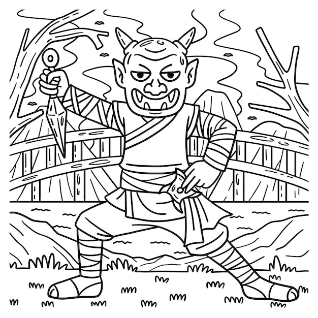Premium vector a cute and funny coloring page of a ninja wearing oni mask provides hours of coloring fun for children color this page is very easy suitable for little kids