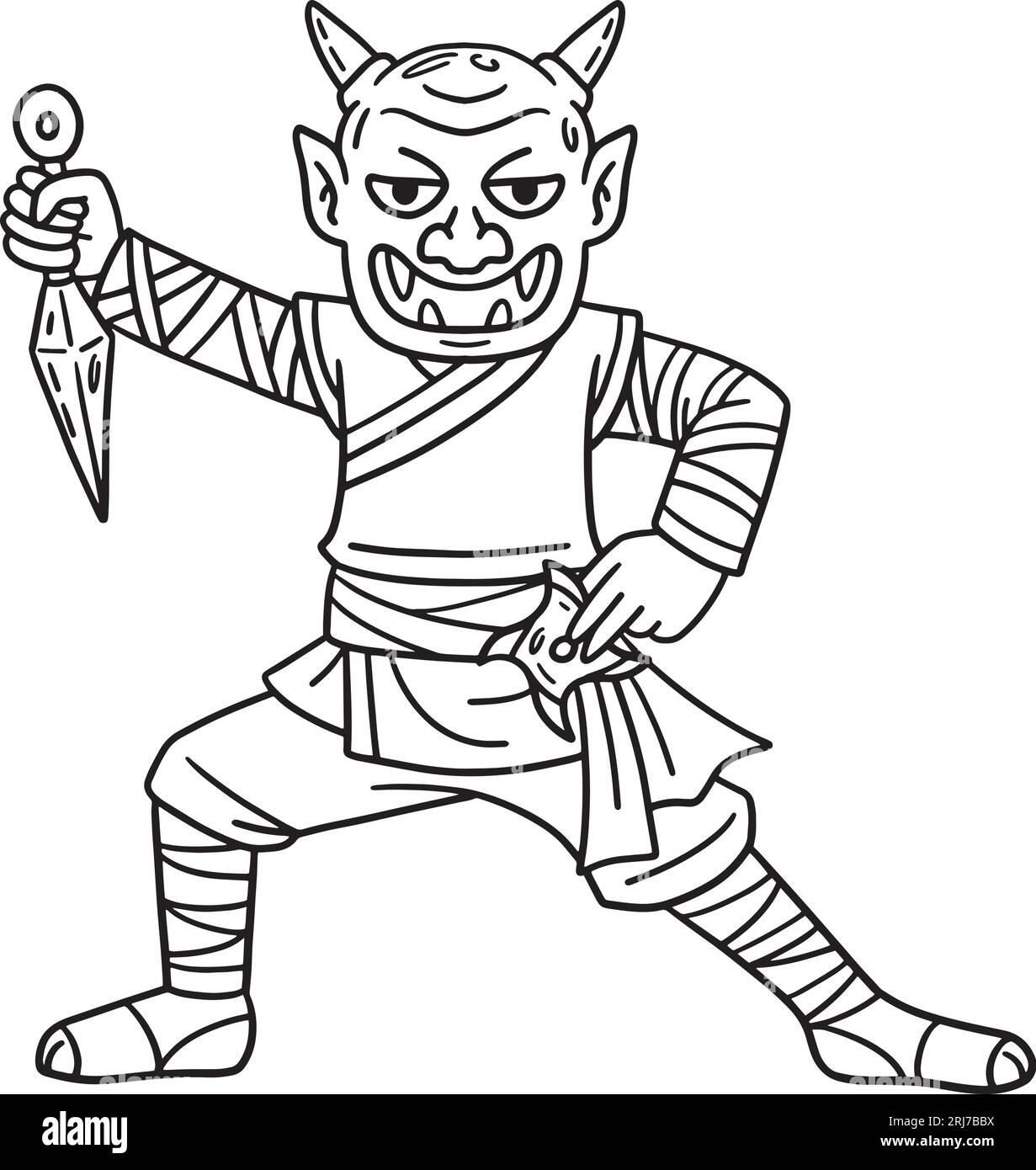 Ninja wearing oni mask coloring page for kids stock vector image art