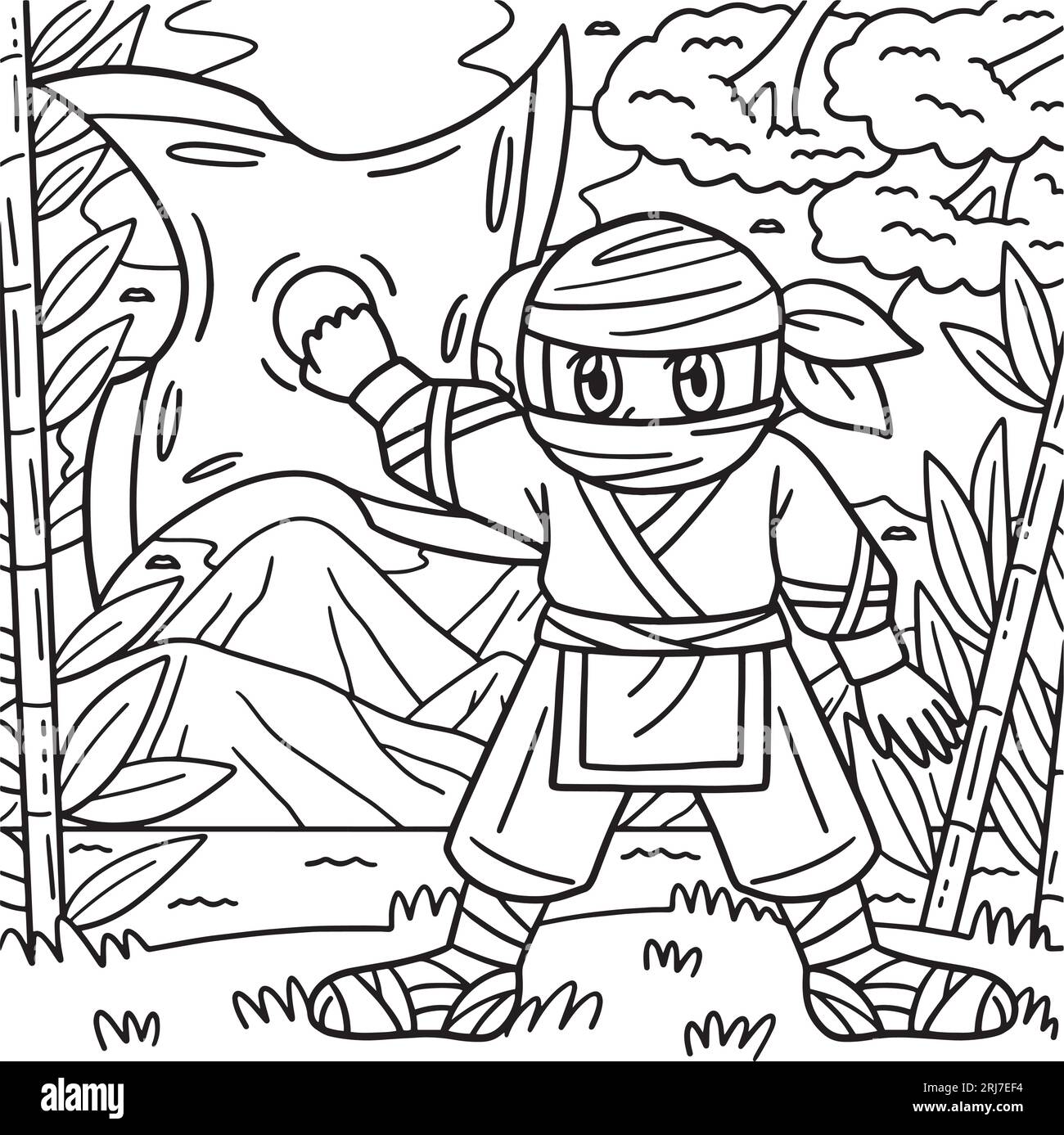 Ninja with huge shuriken coloring page for kids stock vector image art