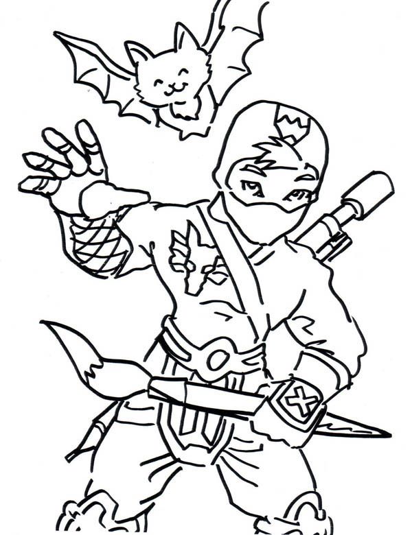 Ninja and cute smiling bat coloring page