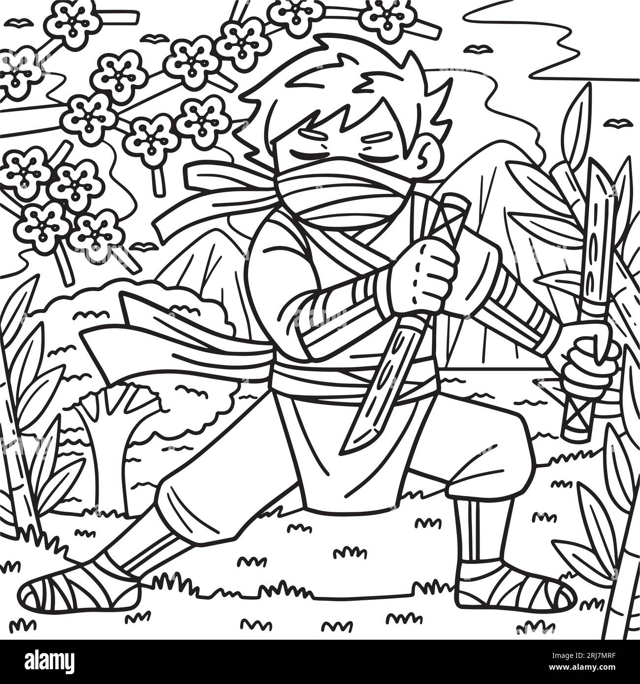 Ninja with ninjato coloring page for kids stock vector image art