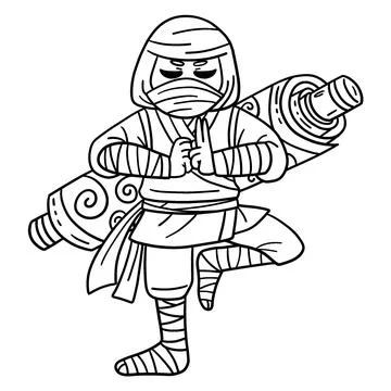 Ninja with a scroll on back isolated coloring page illustration