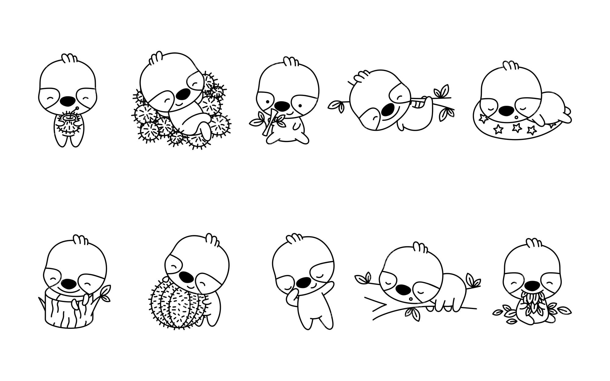 Premium vector set of cartoon isolated sloth coloring page cute vector kawaii animals outline collection of cute