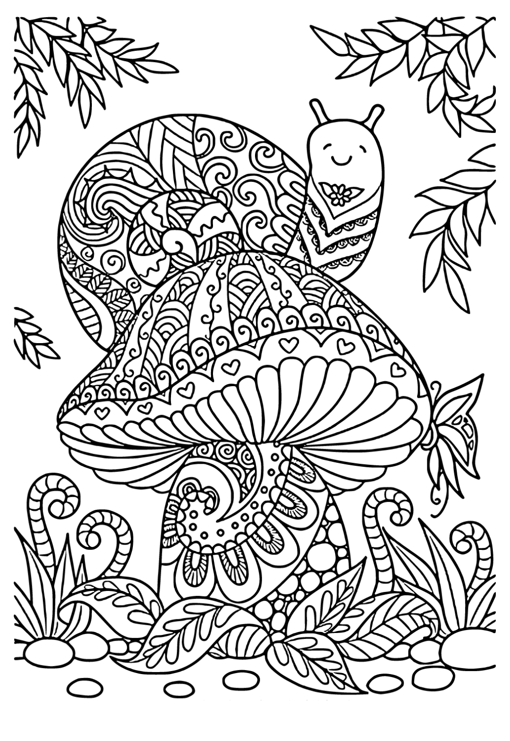 Free printable mushroom snail coloring page for adults and kids