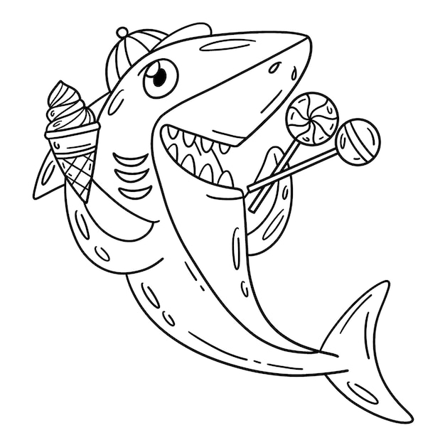 Premium vector a cute and funny coloring page of a shark with the treat provides hours of coloring fun for children to color this page is very easy suitable for little