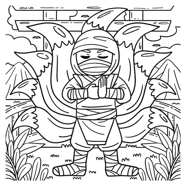 Premium vector a cute and funny coloring page of a ninja with nine tails provides hours of coloring fun for children color this page is very easy suitable for little kids