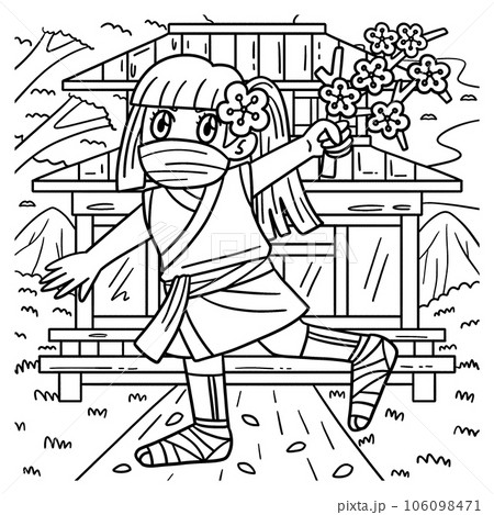 Ninja kunoichi with sakura branch coloring page