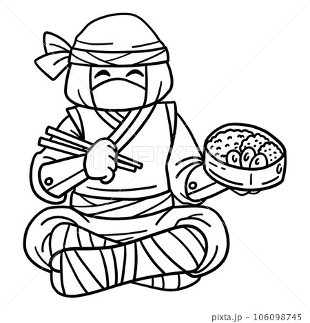 Ninja eating bento isolated coloring page for kids