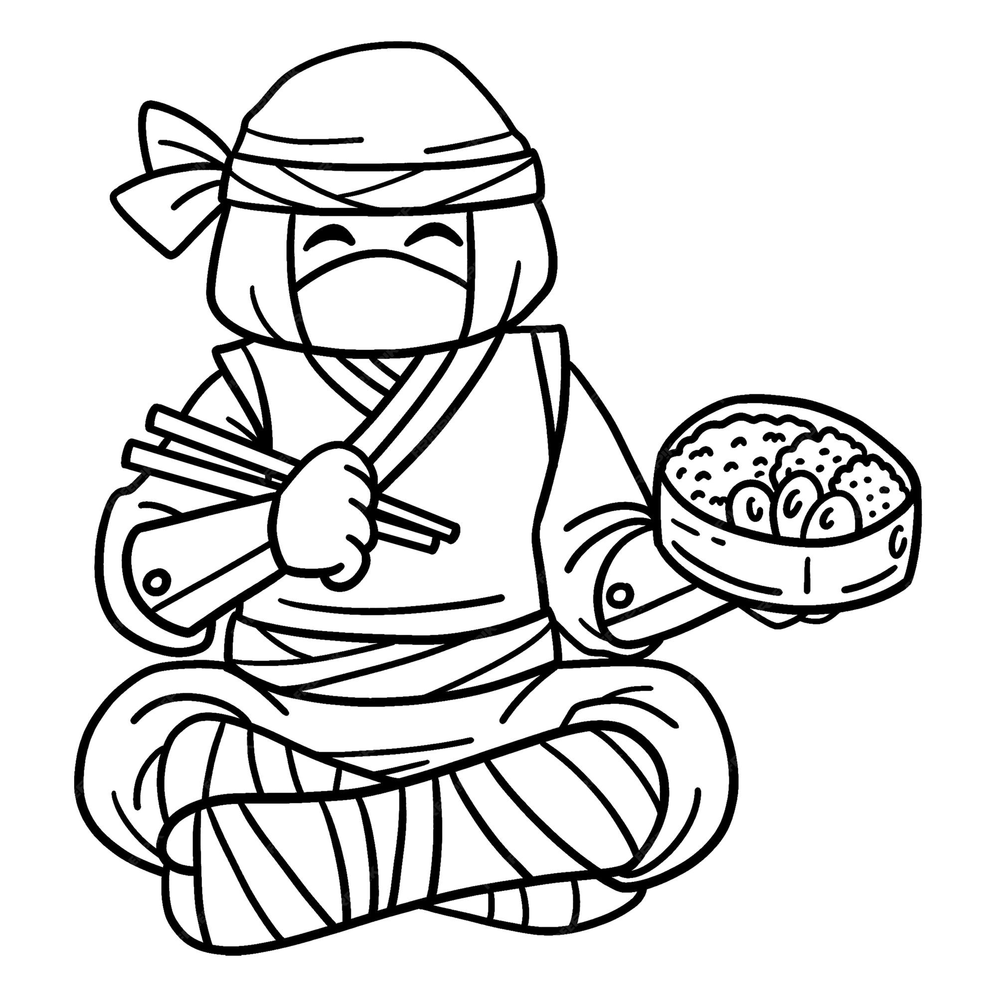 Premium vector a cute and funny coloring page of a ninja eating bento provides hours of coloring fun for children color this page is very easy suitable for little kids and
