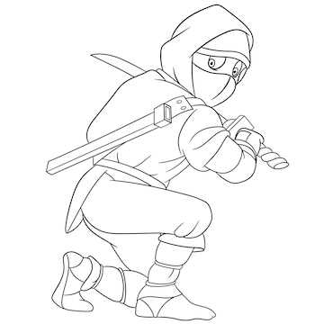 Premium vector cute ninja warrior with sword cartoon coloring book page for kids