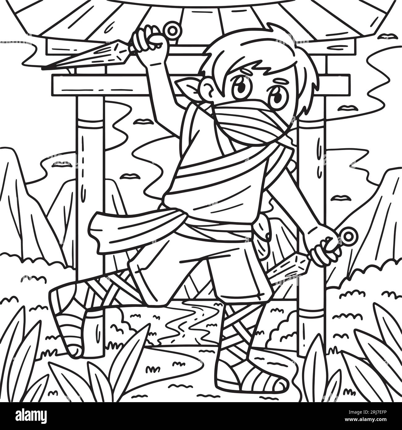 Ninja with kunai coloring page for kids stock vector image art