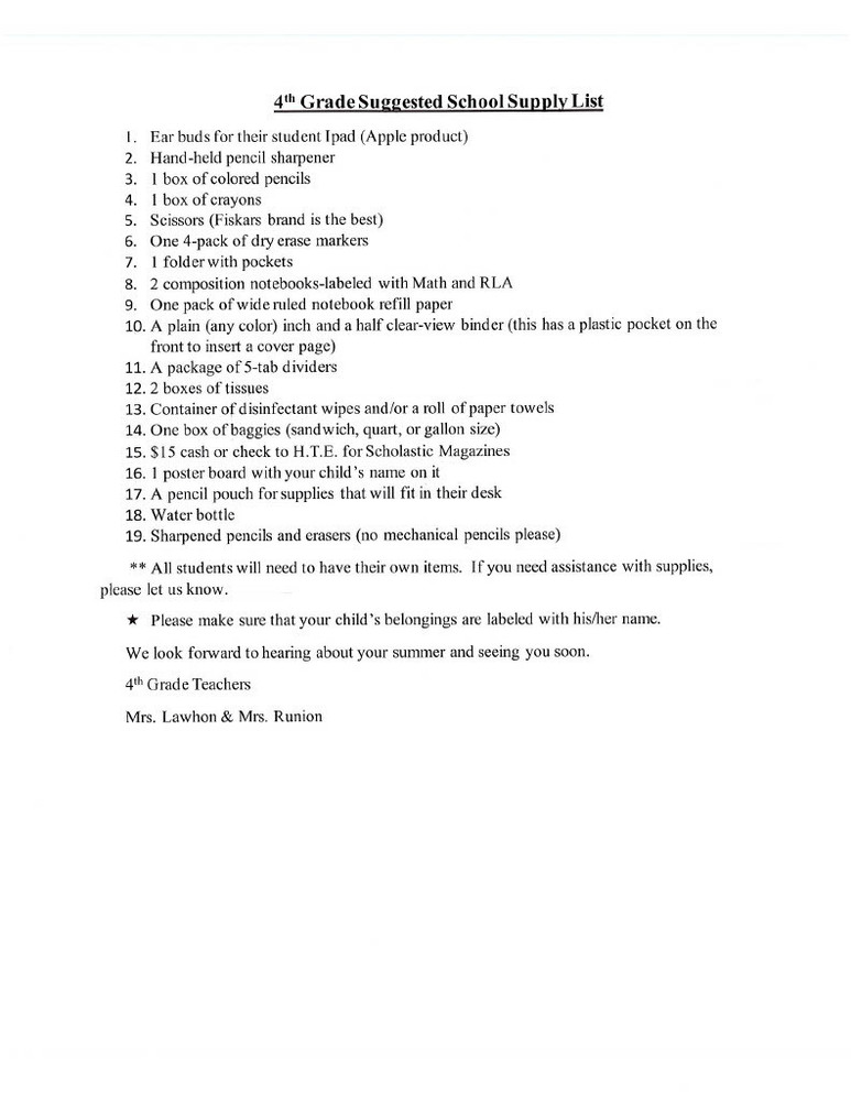 Th grade supply list hurricane town elementary school