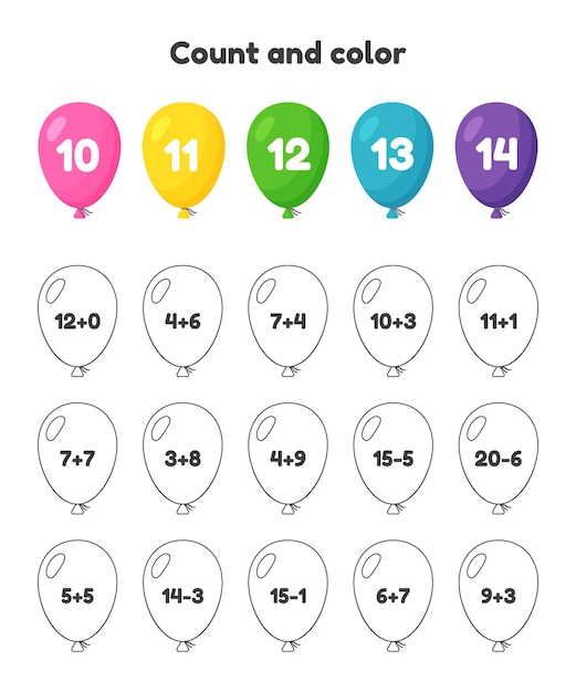 Nãºmero de libro para colorear para niãos hoja de trabajo para precolar jardãn de infant y edad colar adiciãn y sustracciãn contar y colorear globos vector premium