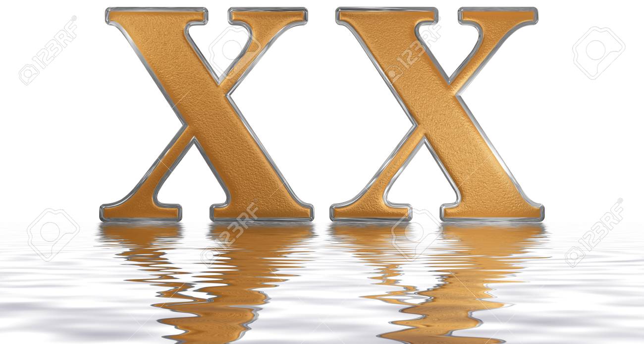Roman numeral xx viginti twenty reflected on the water surface isolated on white d render stock photo picture and royalty free image image