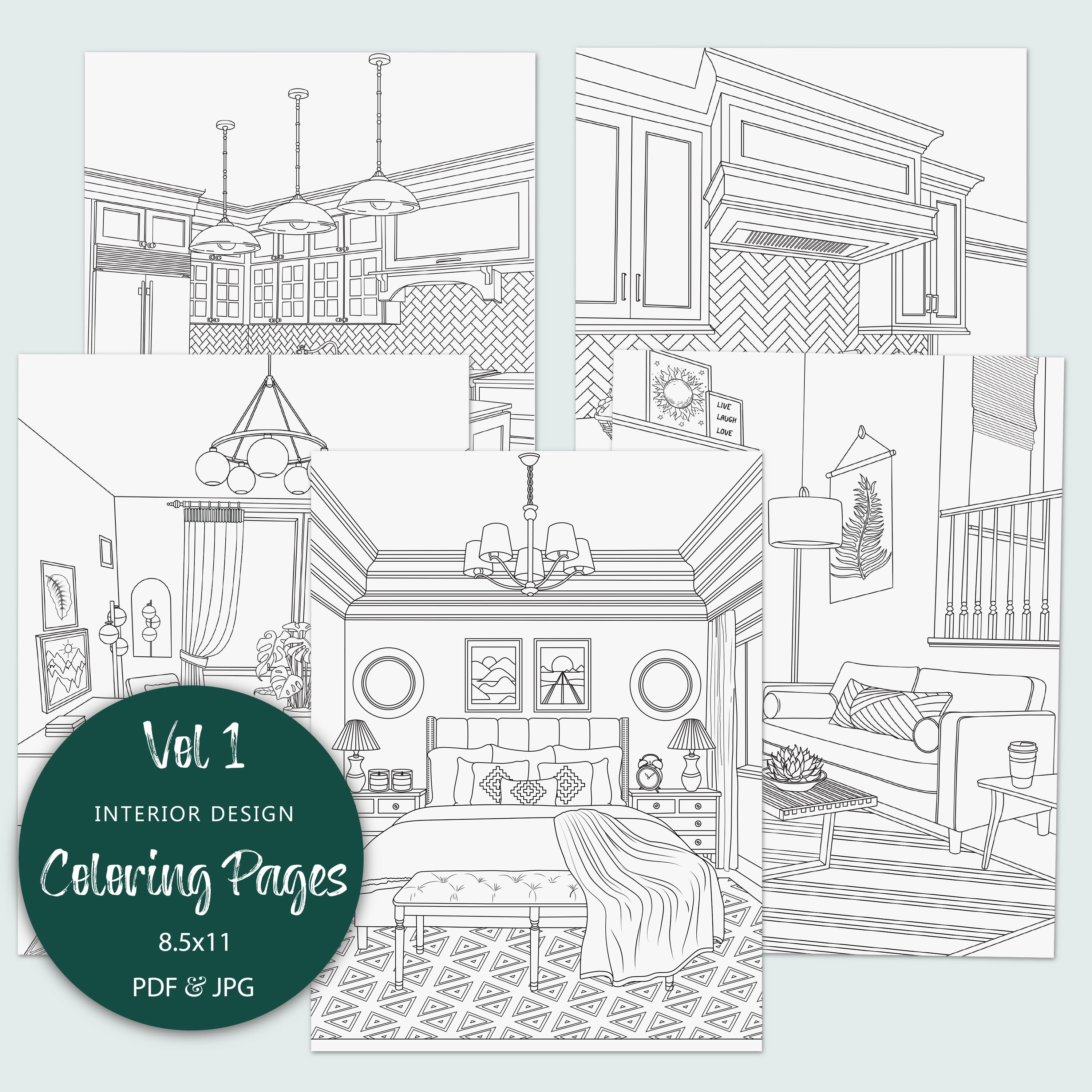 Interior design coloring pages vol printable adult coloring pages instant download