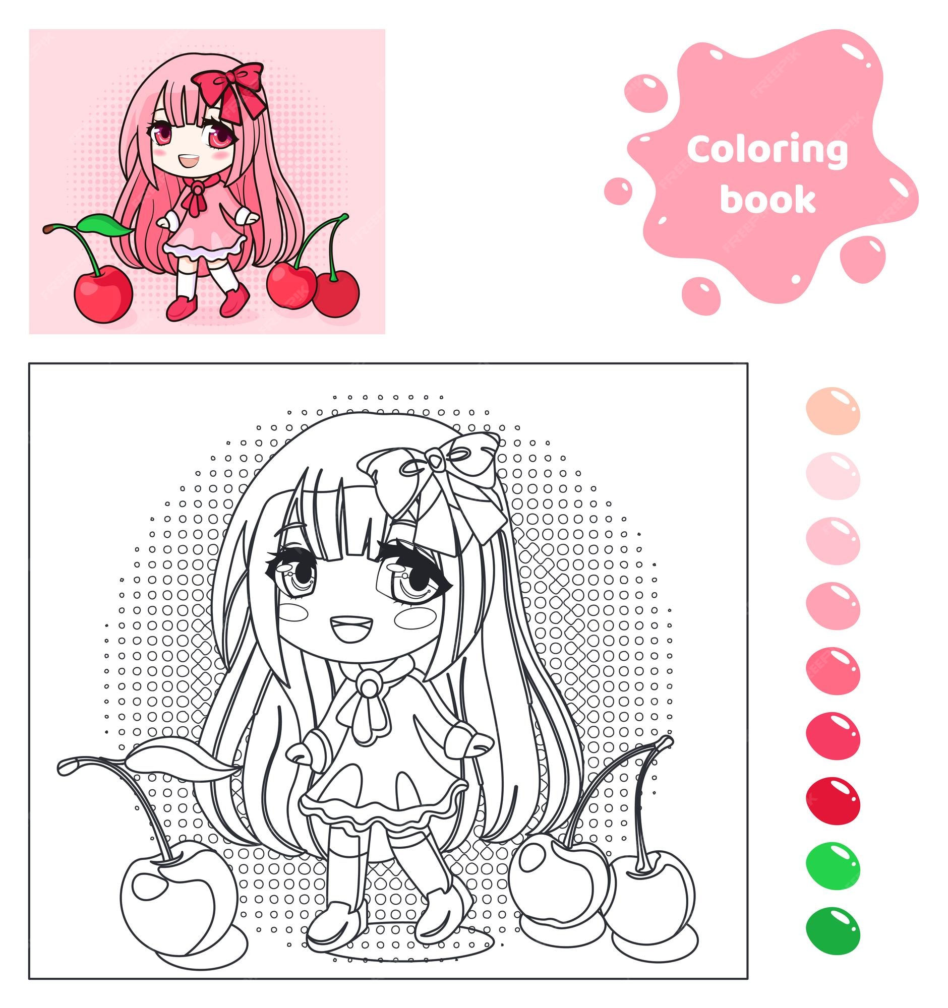 Premium vector coloring book for kids worksheet for drawing with cartoon anime girl with bow and cherries