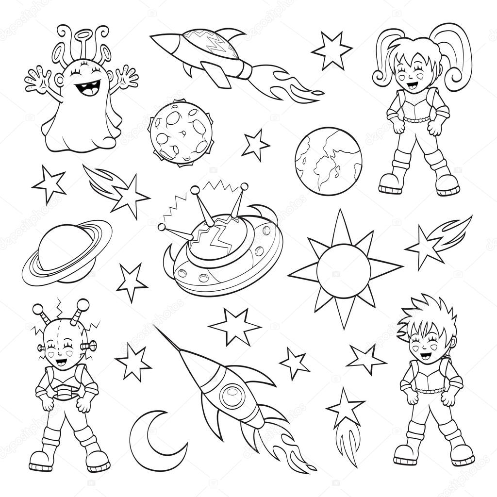 Cartoon outer space set coloring book stock vector by bastetamon