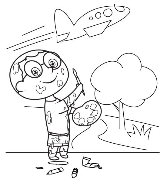 Coloring book cute boy painting and drawings on the wall stock illustration