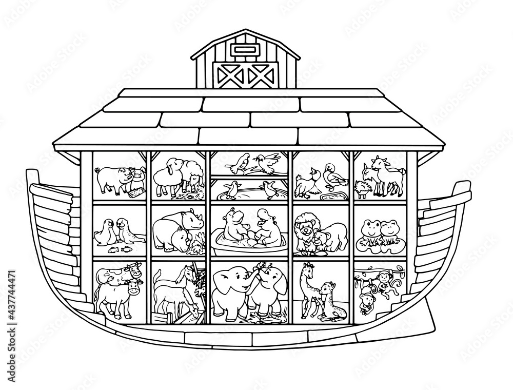 Childish style illustration of noahs ark full of animals aboard horse cow penguin elephant sheep lion dove goat and others the ark is in a section coloring pages vector
