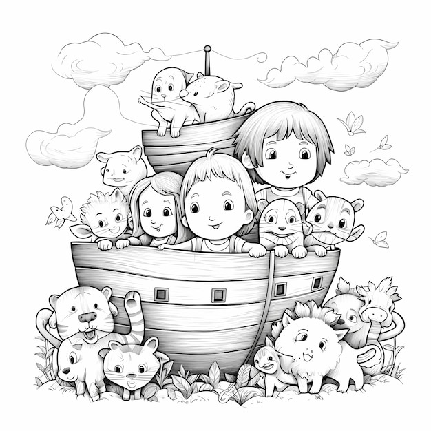 Premium ai image kids illustrations cute noah ark and animals coloring page