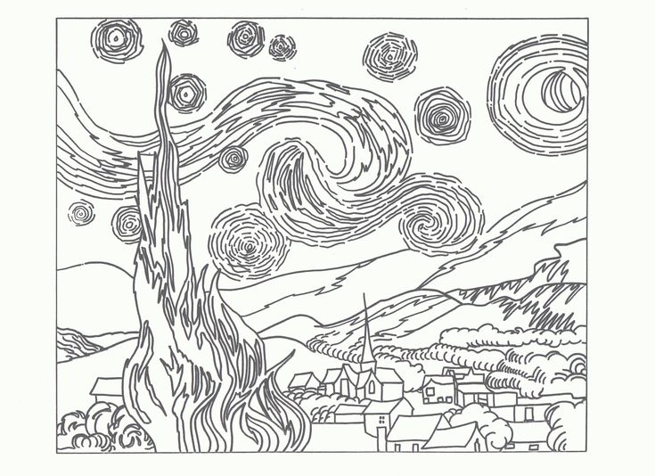 Coloring page starry night van gogh