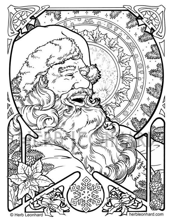 Holiday art nouveau coloring pages santa noel herb leonhard adult coloring digital coloring pages printable color download now