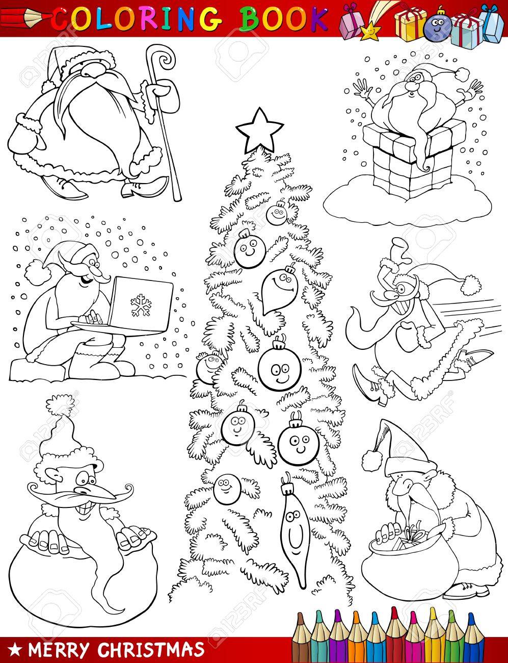Coloring book or page cartoon illustration of christmas themes with santa claus or papa noel and xmas decorations and characters for children royalty free svg cliparts vectors and stock illustration image