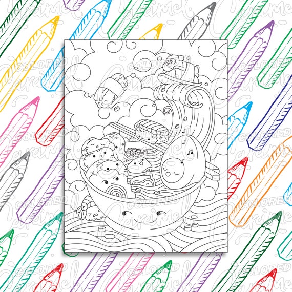 Kawaii ramen noodle wave coloring page digital download pdf with cool and funny bowl sushi panda bear drawing illustration