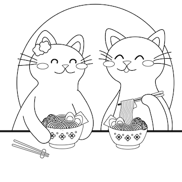 Premium vector cute cartoon cats eat ramen noodles japanese food coloring page