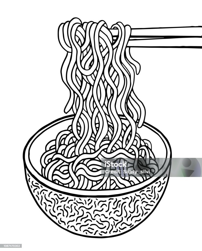Hand drawn doodle noodle at bowl and stick stock illustration