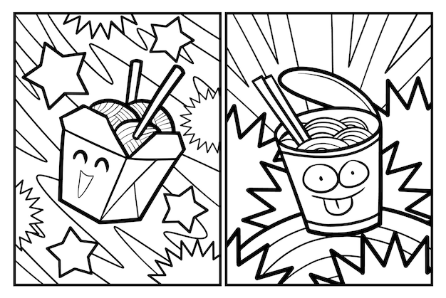 Premium vector kawaii cup noodle cartoon coloring pages