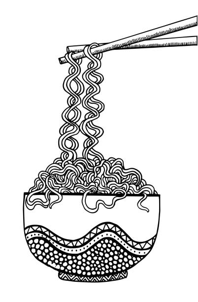 Hand drawn doodle noodle illustration asian wheat noodles breakfast dinner eating food stock illustration