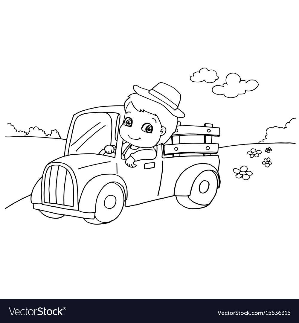 Little boy driving a toy car coloring page vect vector image