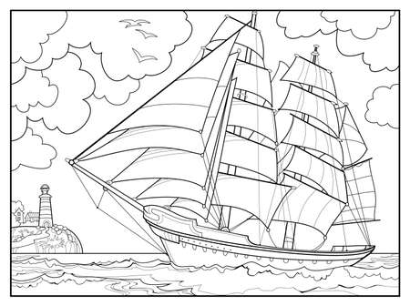 Sea landscape with an old sailboat and lighthouse coloring book for children and adults image in zen